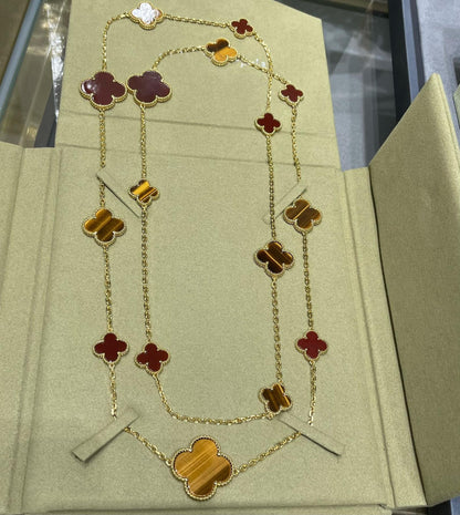 [Super Jewellery]CLOVER 16 MOTIF CARNELIAN TIGER EYE ROSE GOLD NECKLACE