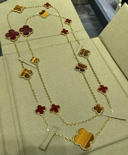 [Super Jewellery]CLOVER 16 MOTIF CARNELIAN TIGER EYE ROSE GOLD NECKLACE