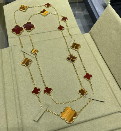 [Super Jewellery]CLOVER 16 MOTIF CARNELIAN TIGER EYE ROSE GOLD NECKLACE