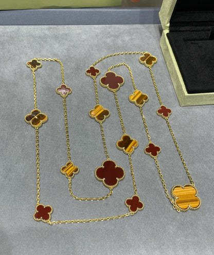 [Super Jewellery]CLOVER 16 MOTIF CARNELIAN TIGER EYE ROSE GOLD NECKLACE