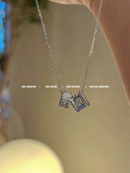 [Super Jewellery]PERLEE DOUBLE PENDANT SILVER DIAMOND NECKLACE