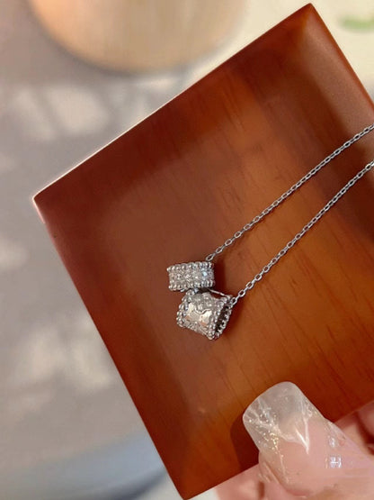 [Super Jewellery]PERLEE DOUBLE PENDANT SILVER DIAMOND NECKLACE