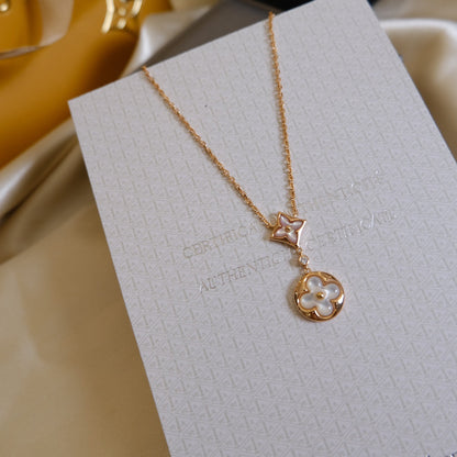 [Super Jewellery]STAR AND SUN WHITE MOP 2 MOTIF PINK GOLD NECKLACE