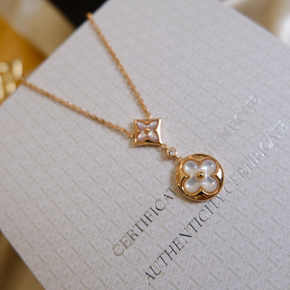[Super Jewellery]STAR AND SUN WHITE MOP 2 MOTIF PINK GOLD NECKLACE