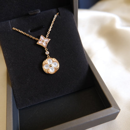 [Super Jewellery]STAR AND SUN WHITE MOP 2 MOTIF PINK GOLD NECKLACE