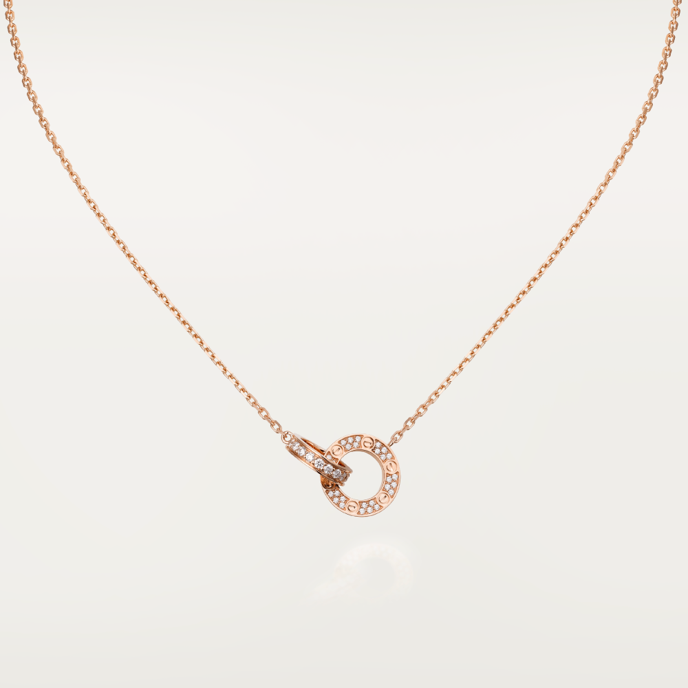 [Super Jewellery]LOVE 7.6MM NECKLACE ROSE GOLD AND SILVER  FULL DIAMOND