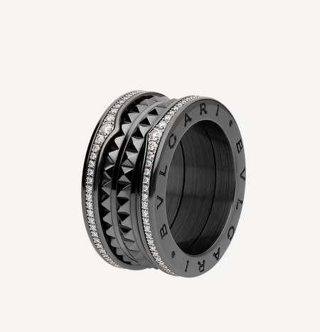 [Super]ZERO 1 ROCK FOUR-BAND BLACK CERAMIC WITH STUDDED SPIRAL AND PAVED DIAMONDS RING