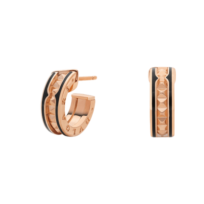 [Super]ZERO 1 ROCK PINK GOLD EARRINGS WITH STUDDED SPIRAL AND BLACK CERAMIC