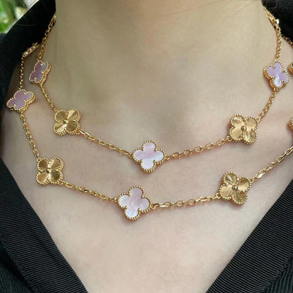 [Super Jewellery]CLOVER 20 MOTIFS LASER PINK MOP NECKLACE
