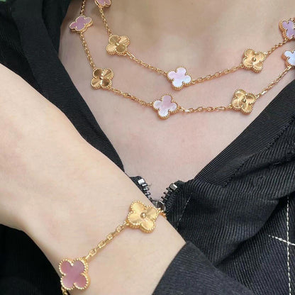 [Super Jewellery]CLOVER 20 MOTIFS LASER PINK MOP NECKLACE