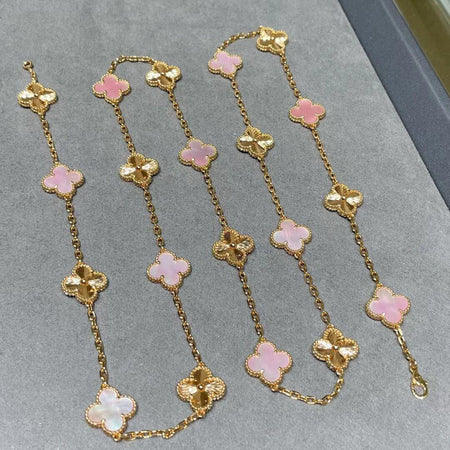 [Super Jewellery]CLOVER 20 MOTIFS LASER PINK MOP NECKLACE