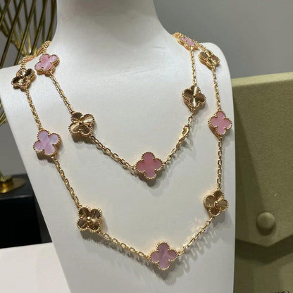 [Super Jewellery]CLOVER 20 MOTIFS LASER PINK MOP NECKLACE