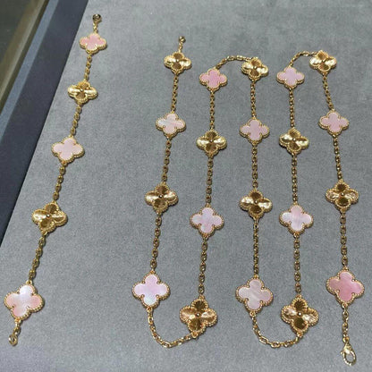 [Super Jewellery]CLOVER 20 MOTIFS LASER PINK MOP NECKLACE