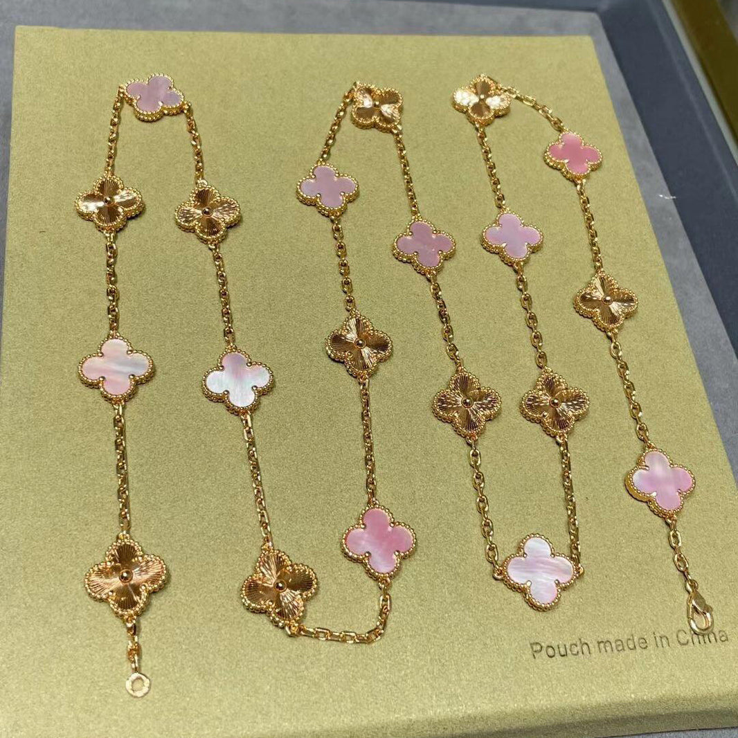 [Super Jewellery]CLOVER 20 MOTIFS LASER PINK MOP NECKLACE