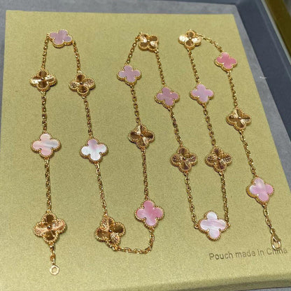 [Super Jewellery]CLOVER 20 MOTIFS LASER PINK MOP NECKLACE
