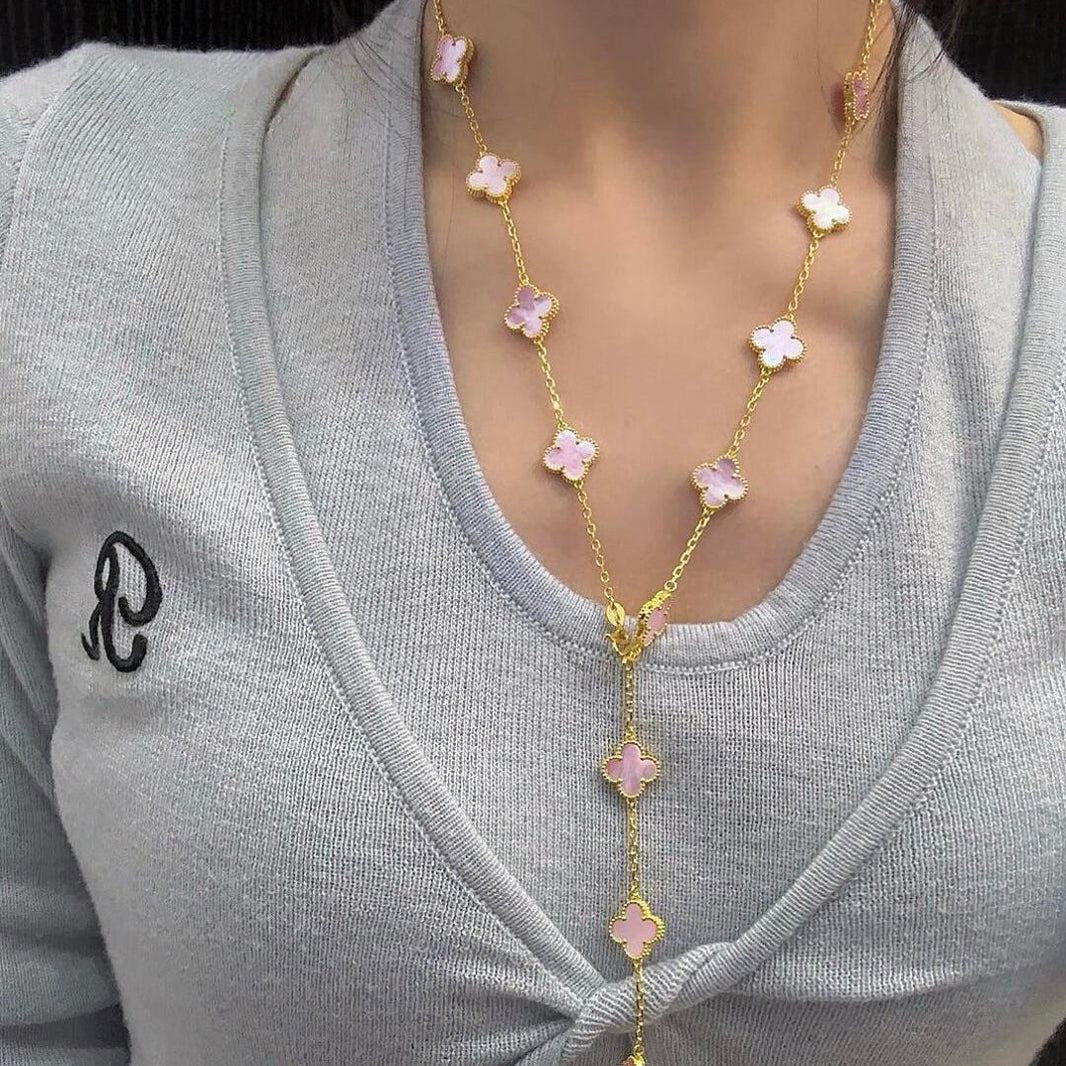 [Super Jewellery]CLOVER 20 MOTIFS PINK MOP NECKLACE