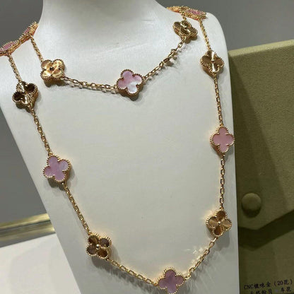 [Super Jewellery]CLOVER 20 MOTIFS LASER PINK MOP NECKLACE