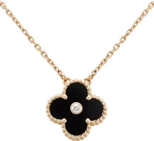 [Super Jewellery]CLOVER 15MM DIAMOND ONYX NECKLACE