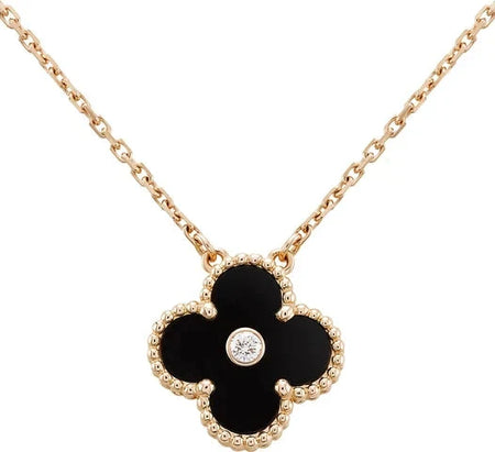 [Super Jewellery]CLOVER 15MM DIAMOND ONYX NECKLACE