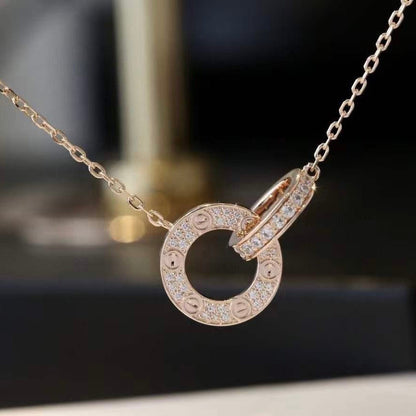 [Super Jewellery]LOVE 7.6MM NECKLACE ROSE GOLD AND SILVER  FULL DIAMOND