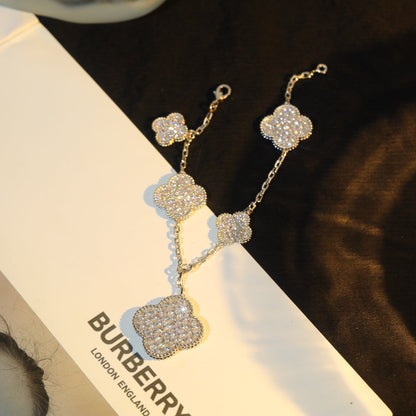 [Super Jewellery]CLOVER BRACELET 5 MOTIF SILVER DIAMOND PAVED