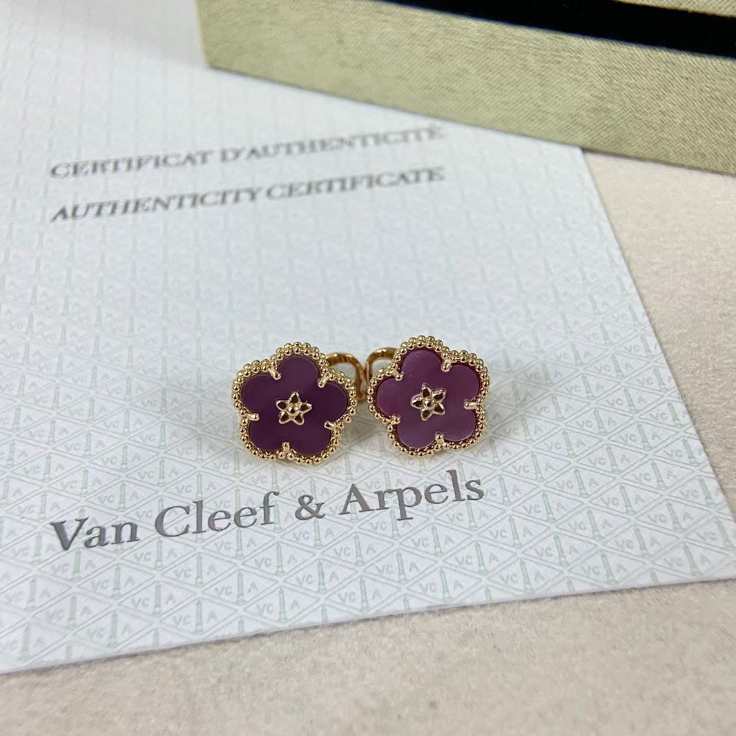 [Super Jewellery]NEW PURPLE PLUM FRAGRANCE PLUM BLOSSOM GOLD EARRINGS