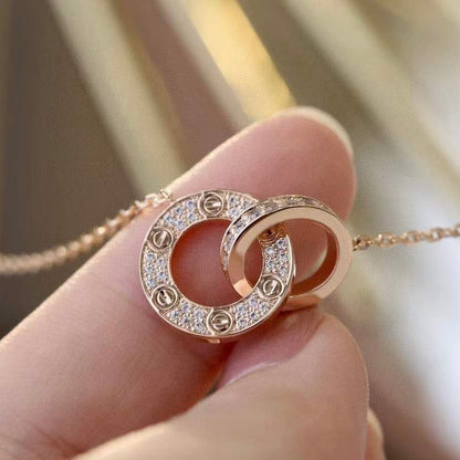 [Super Jewellery]LOVE 7.6MM NECKLACE ROSE GOLD AND SILVER  FULL DIAMOND