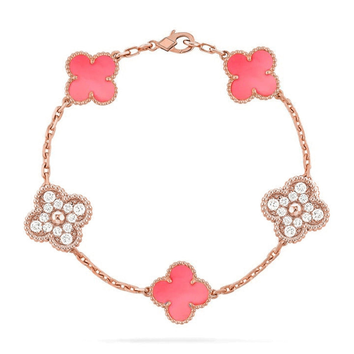 [Super CiCi ] KOLLEKTION: ARMBAND MIT 5 KLEEBLATT-MOTIVEN AUS PINKEM PERLMUTT