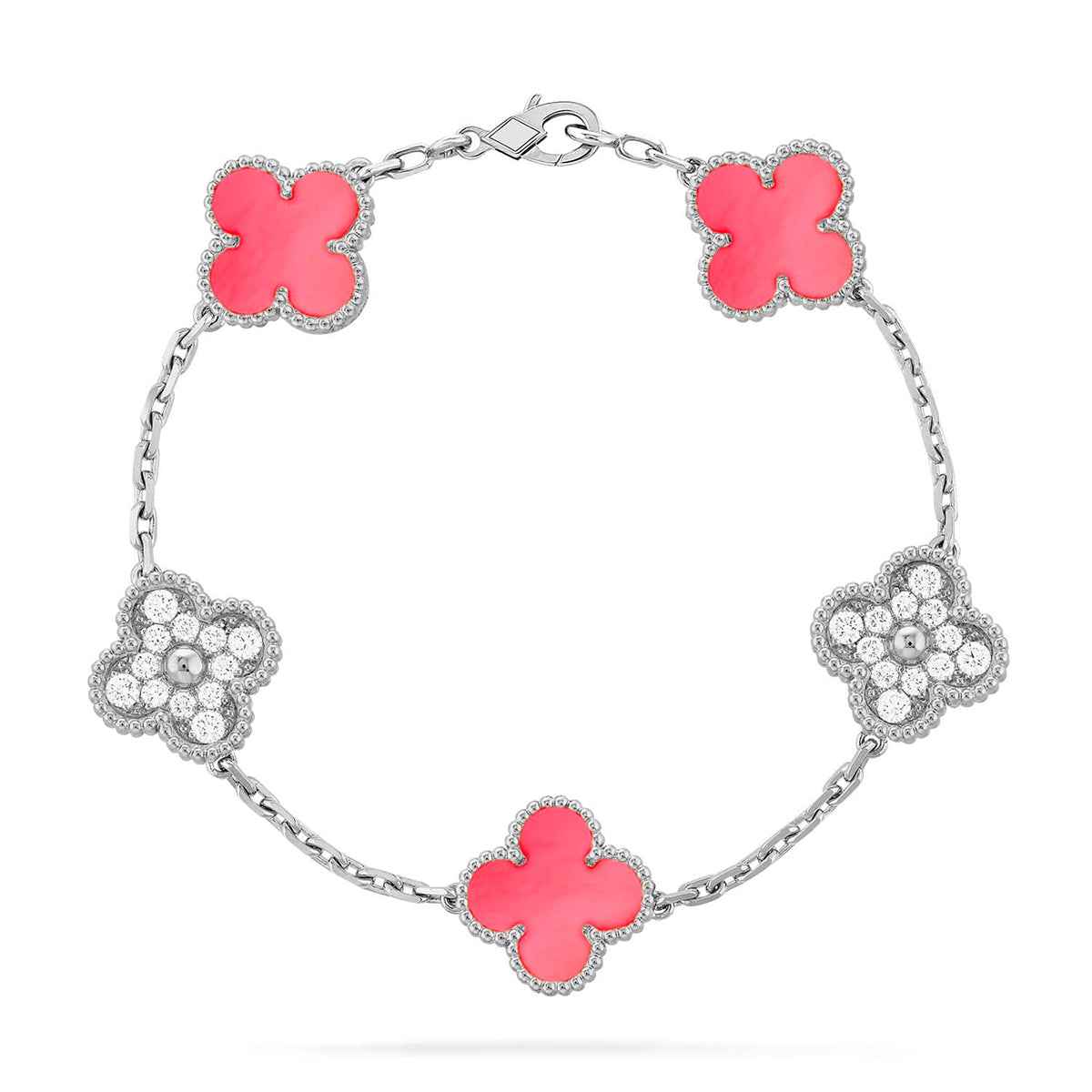 [Super CiCi ] KOLLEKTION: ARMBAND MIT 5 KLEEBLATT-MOTIVEN AUS PINKEM PERLMUTT