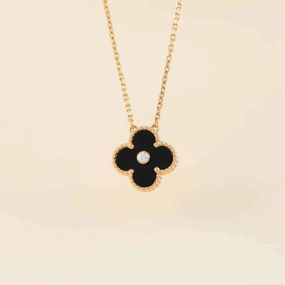 [Super Jewellery]CLOVER 15MM DIAMOND ONYX NECKLACE