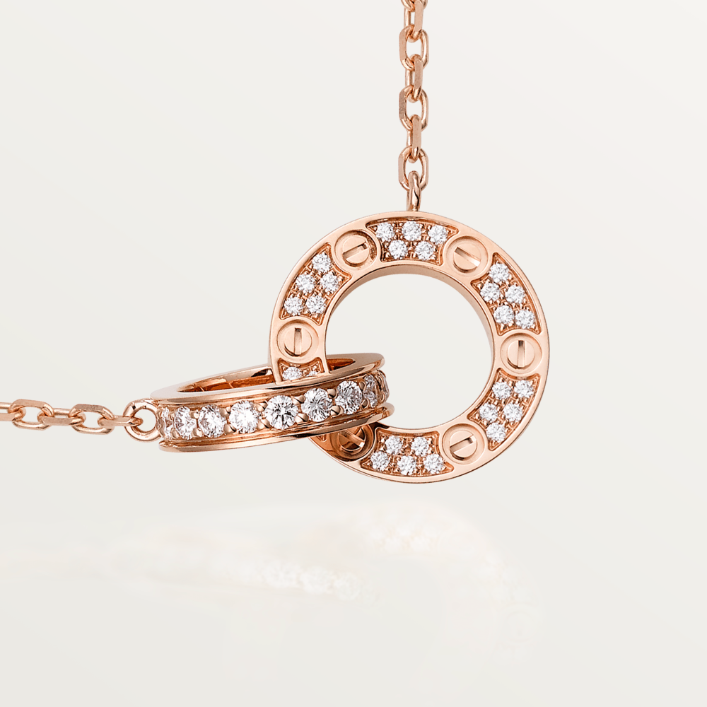 [Super Jewellery]LOVE 7.6MM NECKLACE ROSE GOLD AND SILVER  FULL DIAMOND