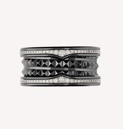 [Super]ZERO 1 ROCK FOUR-BAND BLACK CERAMIC WITH STUDDED SPIRAL AND PAVED DIAMONDS RING