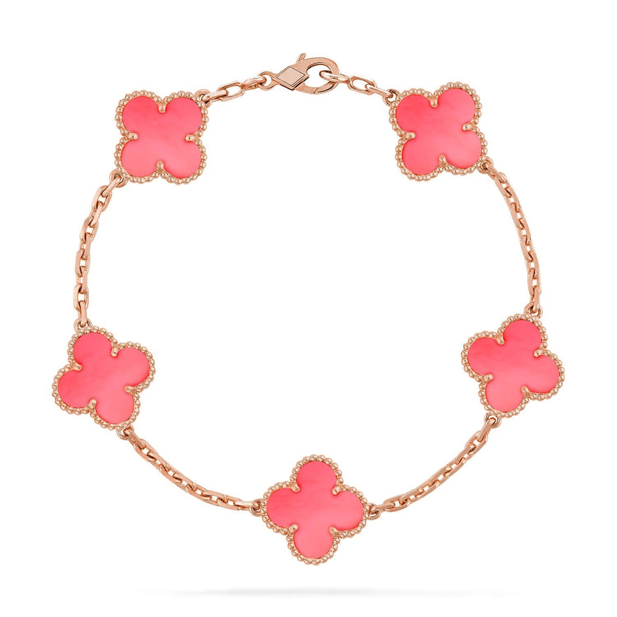 [Super CiCi ] KOLLEKTION: ARMBAND MIT 5 KLEEBLATT-MOTIVEN AUS PINKEM PERLMUTT