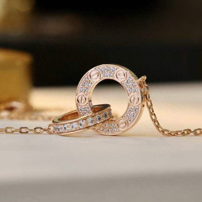 [Super Jewellery]LOVE 7.6MM NECKLACE ROSE GOLD AND SILVER  FULL DIAMOND