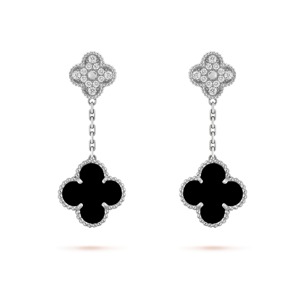 [Super Jewellery]CLOVER 2 MOTIFS  DIAMOND ONYX EARRINGS SILVER