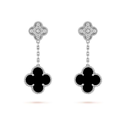 [Super Jewellery]CLOVER 2 MOTIFS  DIAMOND ONYX EARRINGS SILVER