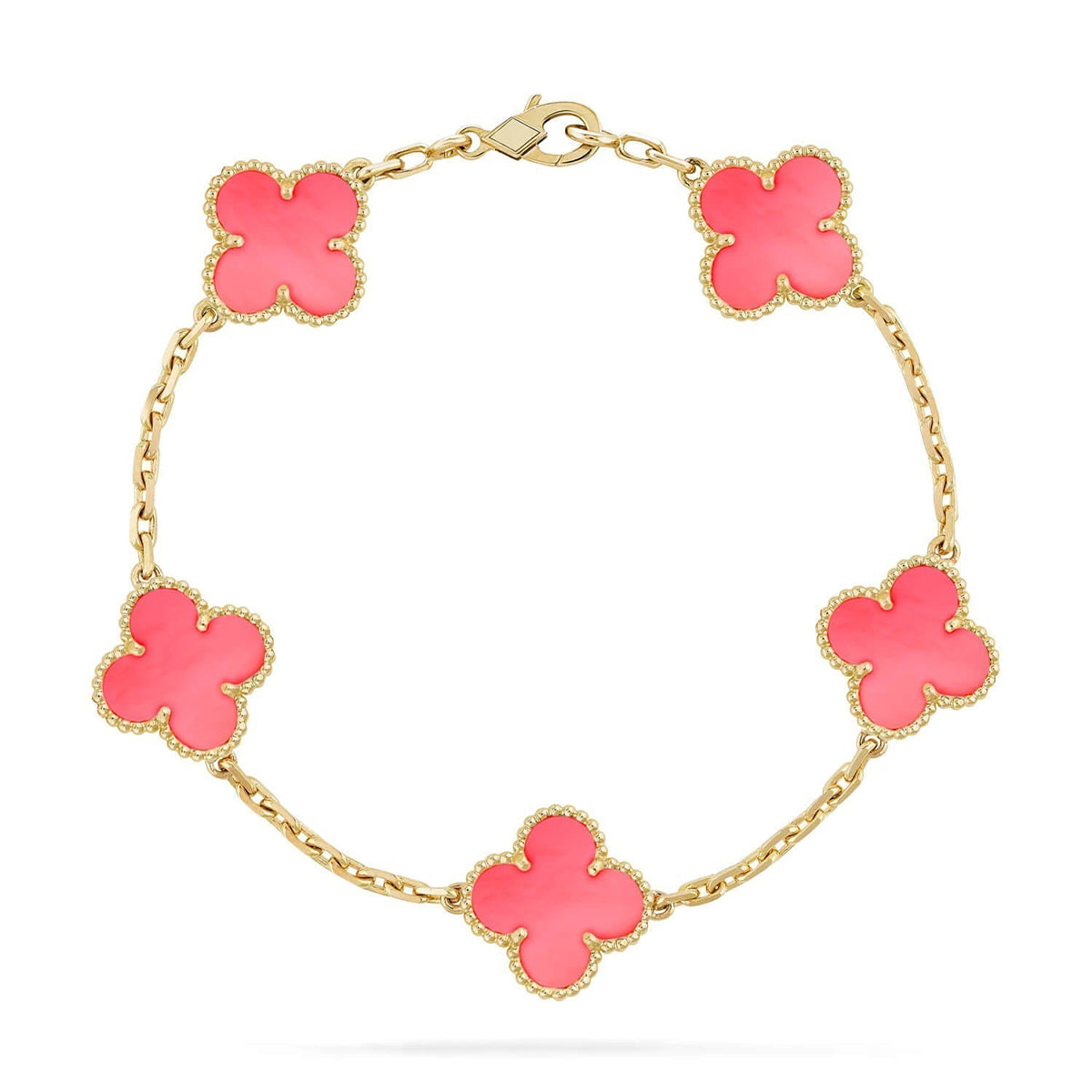 [Super CiCi ] KOLLEKTION: ARMBAND MIT 5 KLEEBLATT-MOTIVEN AUS PINKEM PERLMUTT