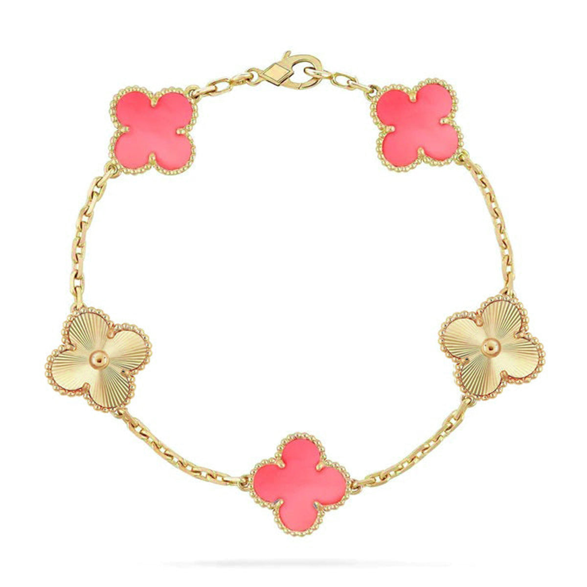 [Super CiCi ] KOLLEKTION: ARMBAND MIT 5 KLEEBLATT-MOTIVEN AUS PINKEM PERLMUTT