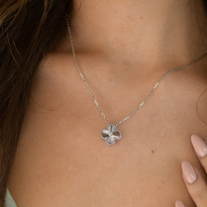 [Super Jewellery]CLOVER  15MM DIAMOND LASER NECKLACE SILVER