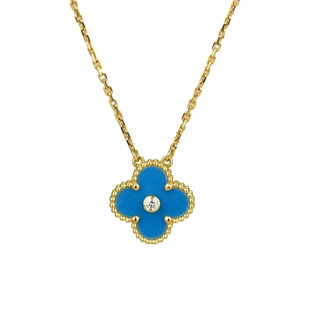 [Super Jewellery]CLOVER 15MM DIAMOND AND BLUE AGATE NECKLACE