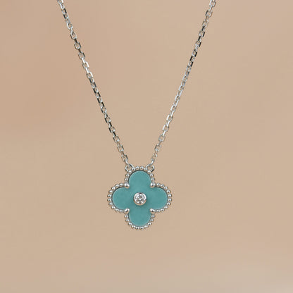 [Super Jewellery]CLOVER 15MM DIAMOND SVRES PORCELAIN  NECKLACE SILVER