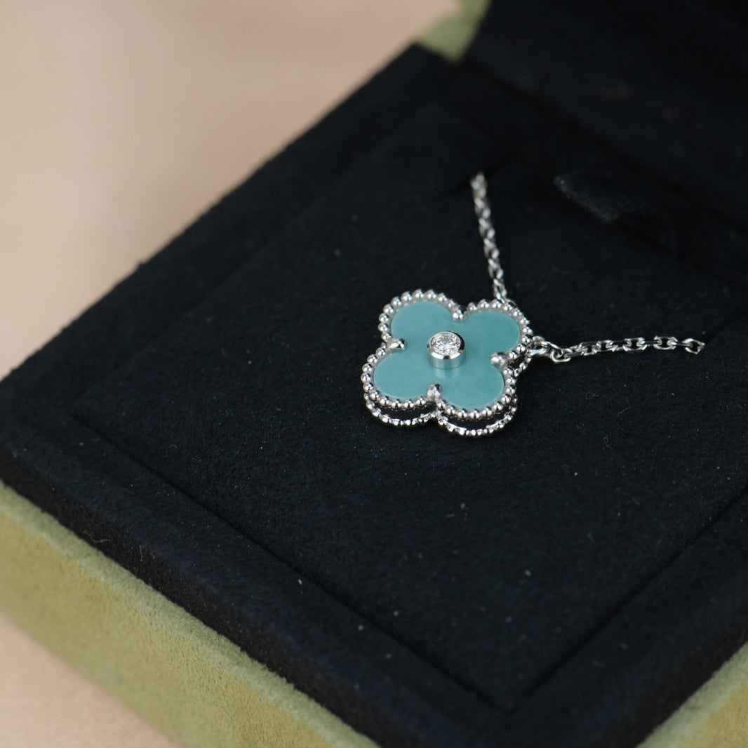 [Super Jewellery]CLOVER 15MM DIAMOND SVRES PORCELAIN  NECKLACE SILVER