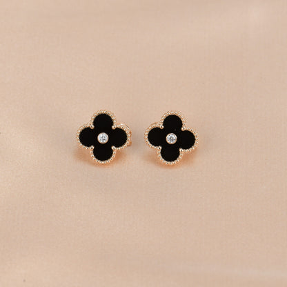 [Super Jewellery]CLOVER MEDIUM 1 MOTIFS ONYX DIAMOND EARRINGS