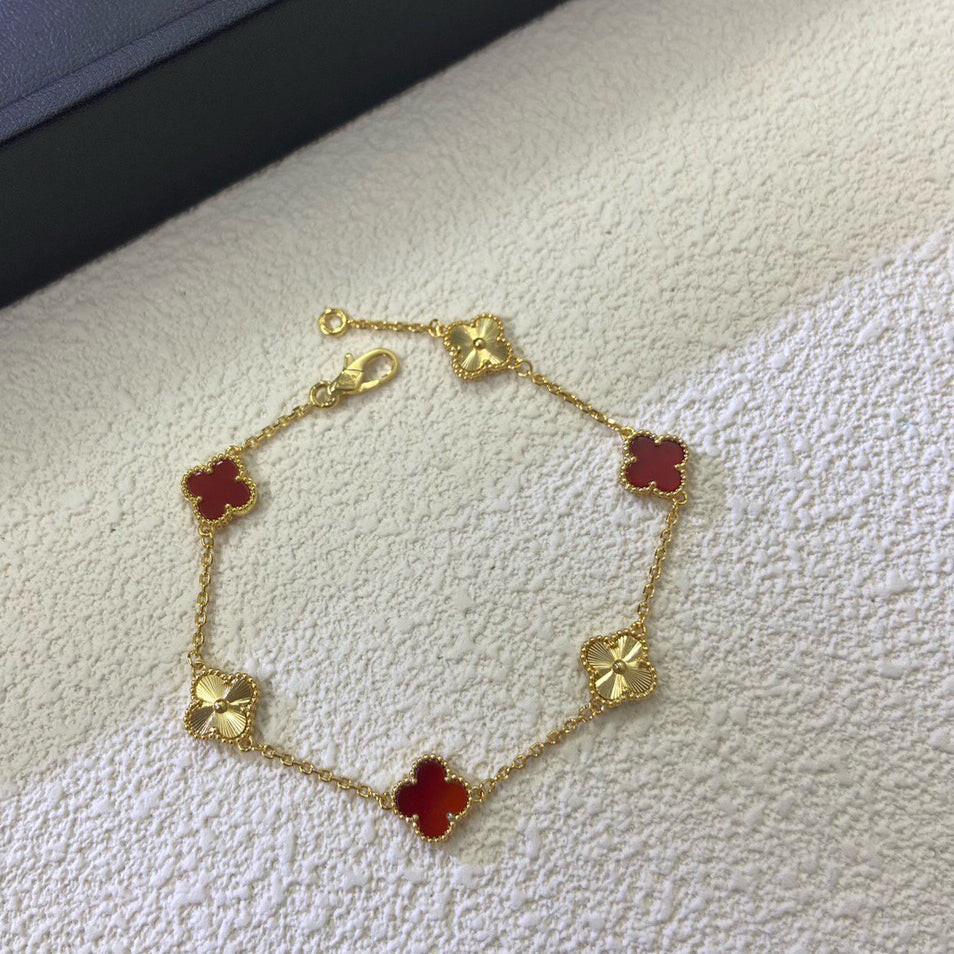 [Super Jewellery]CLOVER 6 MOTIF RED AGATE LASER BRACELET
