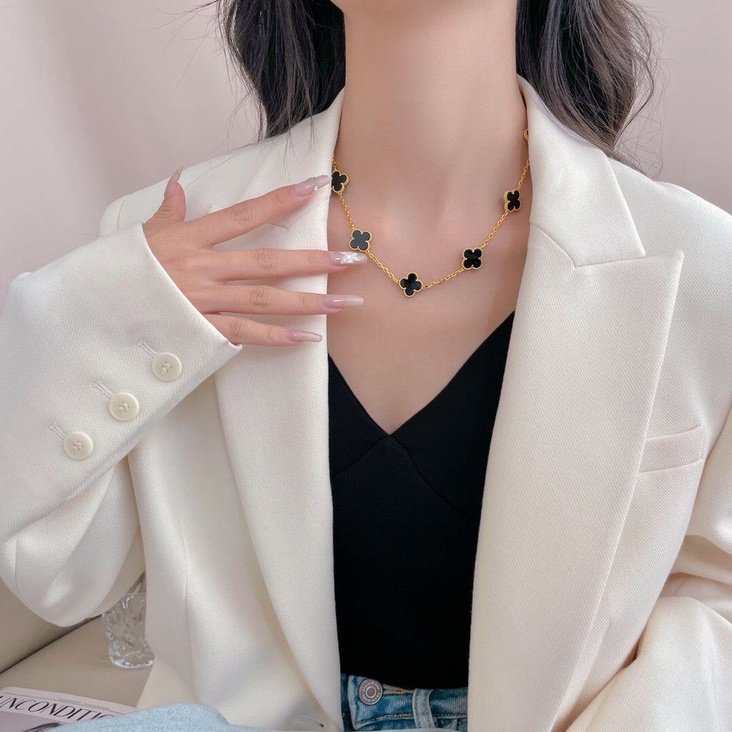 [Super Jewellery]CLOVER 10 MOTIFS ONYX NECKLACE