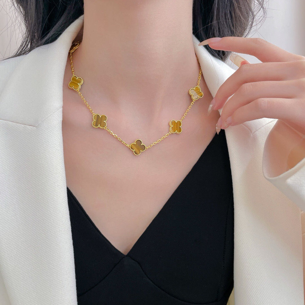 [Super Jewellery]CLOVER 10 MOTIFS TIGER EYE NECKLACE