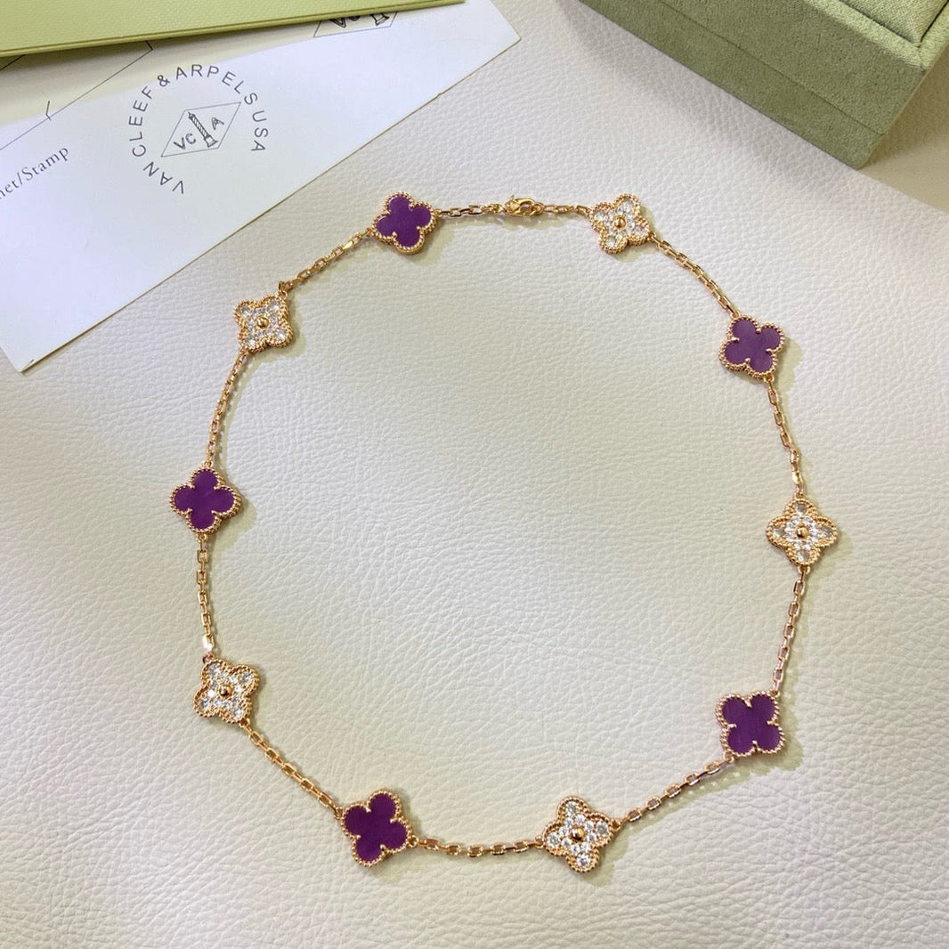 [Super Jewellery]CLOVER 10 MOTIFS  PURPLE VIOLET DIAMOND NECKLACE