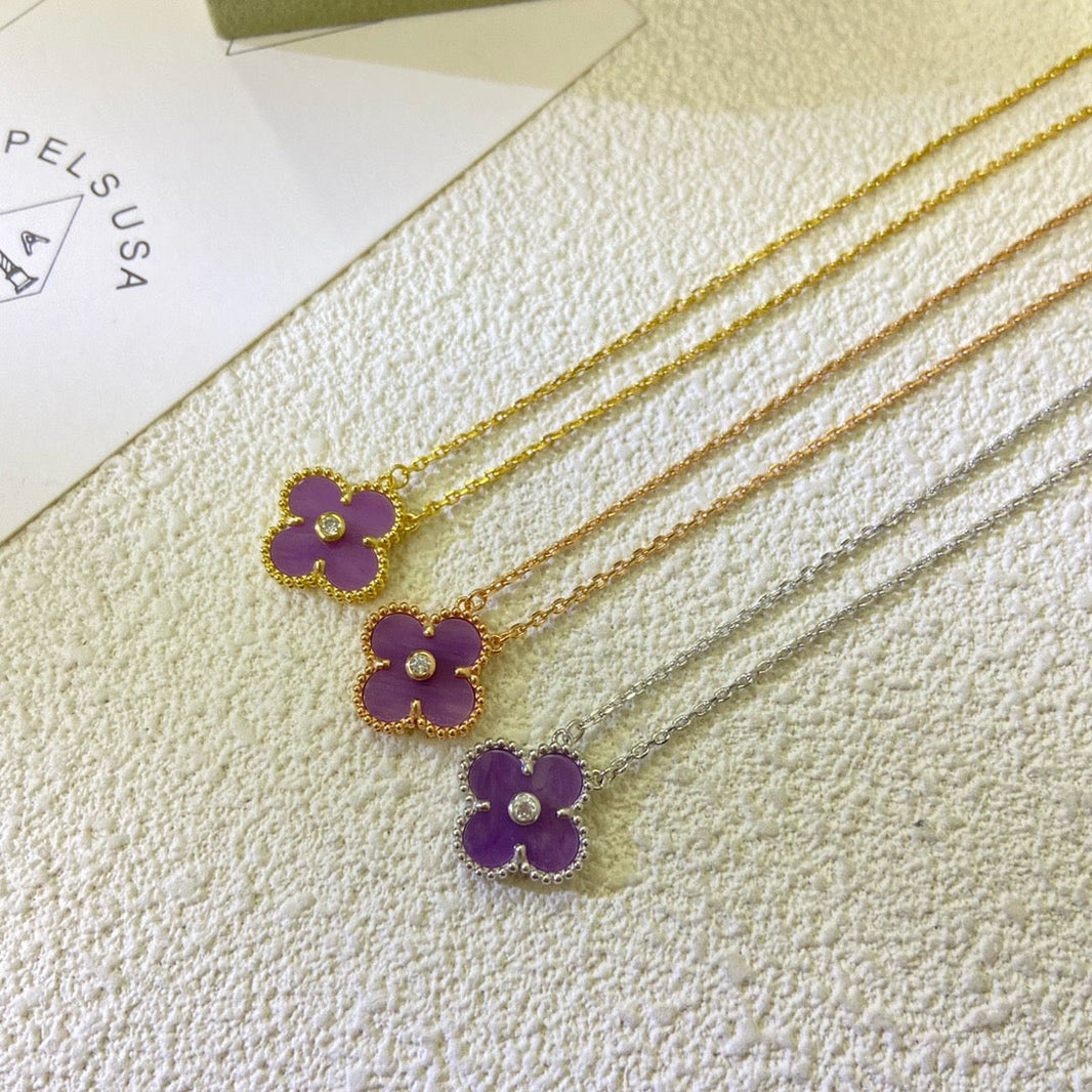 [Super Jewellery]CLOVER 15MM DIAMOND  PURPLE VIOLET NECKLACE