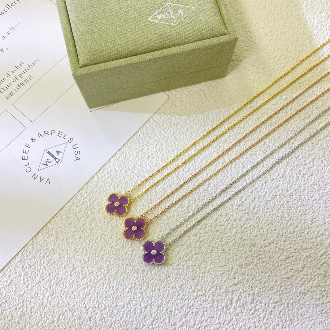 [Super Jewellery]CLOVER 15MM DIAMOND  PURPLE VIOLET NECKLACE