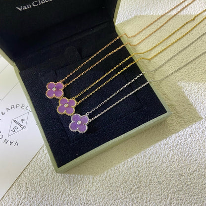 [Super Jewellery]CLOVER 15MM DIAMOND  PURPLE VIOLET NECKLACE